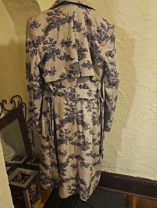 Womens Beige Trench Coat with Blue Toile Print - Picture 2 of 4